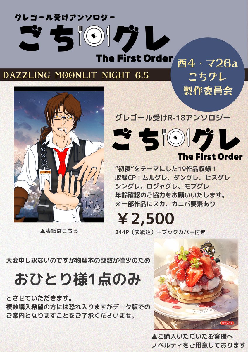 ちゃんとしたお品書き作ってきました！！！ﾊｧﾊｧ

ぜひ当日お手に取っていただけましたら幸いです！
とっても素晴らしいアンソロジーになりましたので！
よろしくお願いします！

#ごちグレ