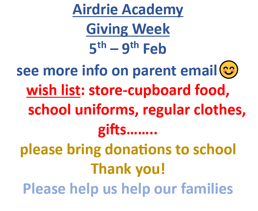 AirdrieAcadFam's tweet photo. GIVING WEEK in @AirdrieAcademy
You can send your child to school with your donations. We'll collect them in our Family Resource Room Period 1 this week.
Tonight, you can also donate during the S2 Parents' Evening😊
Please help us help our Airdrie families
#teamwork #respect https://t.co/K6gNOWJUHk