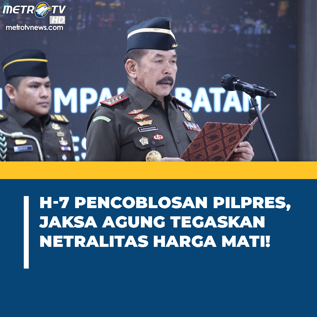 Metro_TV's tweet photo. Jaksa Agung Sanitiar (ST) #Burhanuddin menegaskan netralitas Aparatur Sipil Negara (ASN) di lingkungan Kejaksaan harga mati. Hal ini disampaikan Burhanuddin menjelang pencoblosan Pemilihan Presiden 2024. https://t.co/2FAvDB80p5