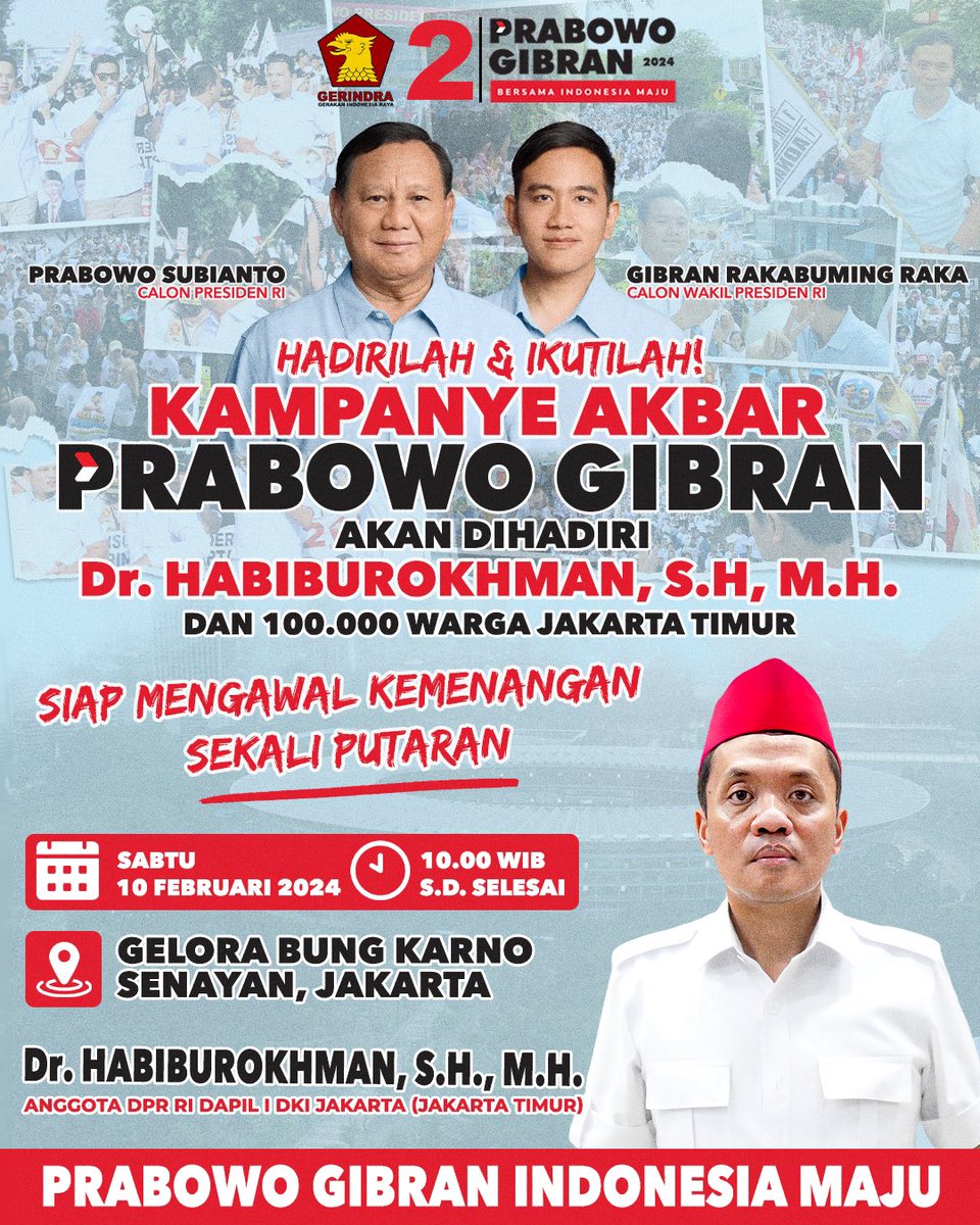 Panggilan kepada seluruh abang, mpok, nyak, babe pasukan gemoy Jakarta Timur. Mari kita kawal kemenangan Prabowo Gibran sekali putaran dengan hadir di GBK hari Sabtu, 10 Februari 2024 jam 10.00 WIB. Kita wujudkan pemilu damai dan riang gembira. Sampai ketemu di hari Sabtu! 🫰🏻