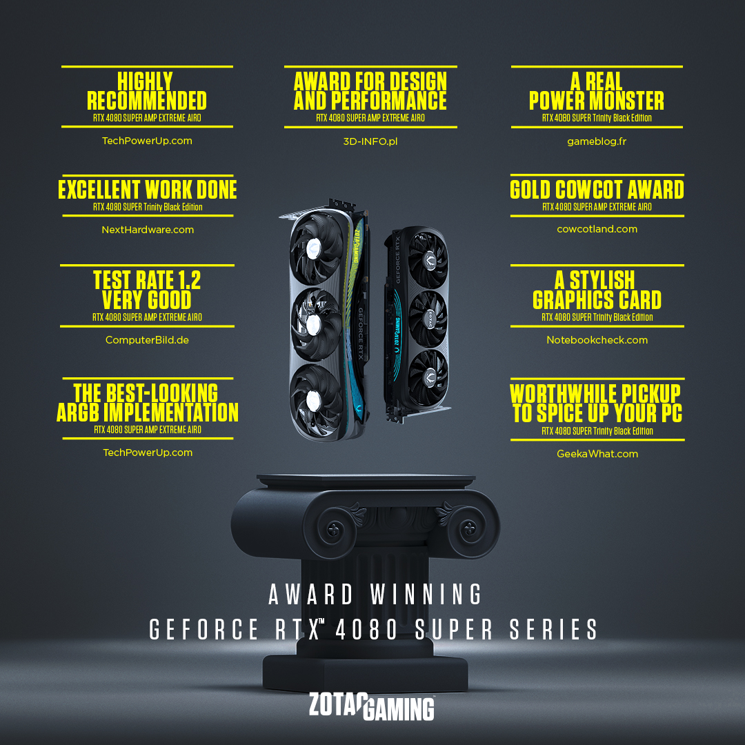 ZOTACFrance's tweet photo. La série ZOTAC GAMING GeForce RTX 4080 SUPER plébiscitée par la presse internationale 🏅💪 😊

#ZOTACGAMING #RTXSUPER https://t.co/h6HefcJMYX