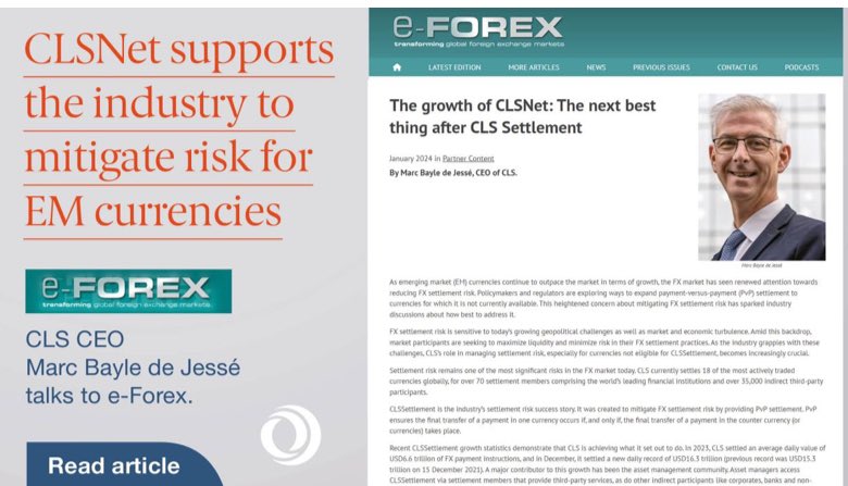 Read CEO Marc Bayle de Jessé's latest interview with e-forex, where he discusses how CLSNet is supporting the industry by mitigating risk for emerging market currencies>> cls-group.com/news/the-growt… #CLSGroup #CLSNet #CLSSettlement #AutomatedSolutions #OperationalRiskManagement