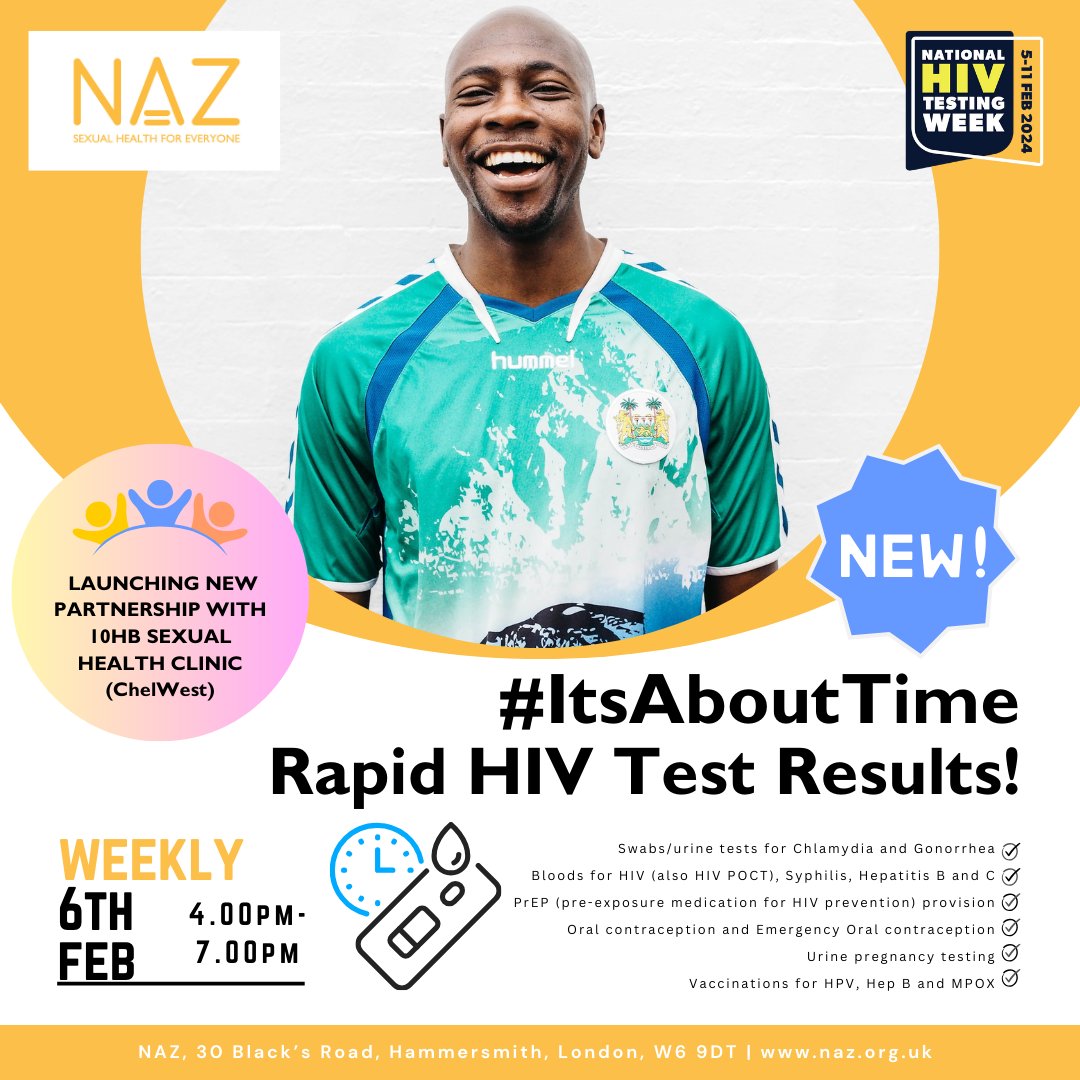 📣 It's #HIVTestingWeek! We're offering a new weekly testing service, 'It's About Time', in partnership with @10HBHealth sexual health clinic, which launches today! 📍NAZ 30 Black's Road Hammersmith W6 9DT Book now! 💌 info@naz.org.uk 📞 0208 741 1879 #KnowYourStatus