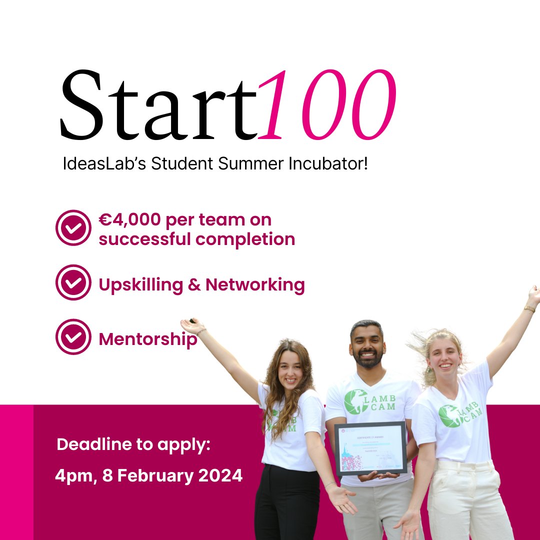 Sign up for @GalwayIdeasLab's summer incubator #Start100, a 6 week co-curricular programme from May-June. 💡 Work on your own ideas 🗣 Receive weekly one to one mentorship 🚀 Access a community of innovators and entrepreneurs Register by 4pm, 8 February: ow.ly/31tS50QvtoI