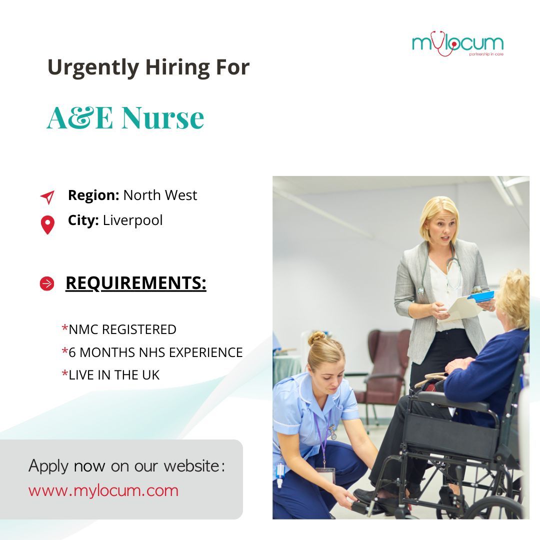MyLocumGroup's tweet photo. Urgently hiring for A&amp;E Nurse 👀🔗 Apply now by clicking this link: https://t.co/VRH7Zownt1  

Locations -
📍Region: North West
📍City: Liverpool

🏆 Must have these requirements before applying -
* NMC registered
* NHS experience
* Live in the UK https://t.co/k6oQGosDZs