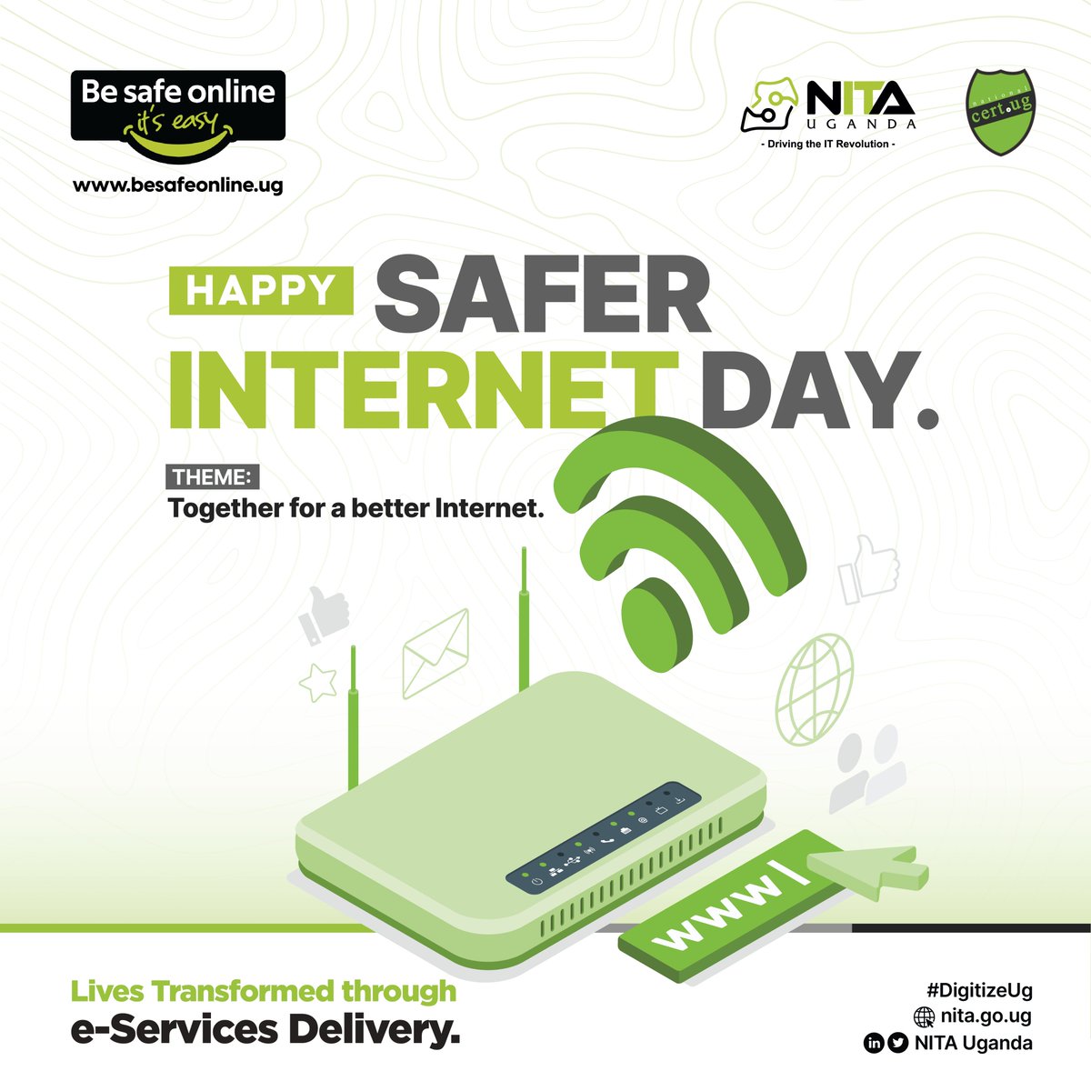 Happy #SaferInternetDay 2024!  Let's celebrate a digital world where safety and respect are paramount. Embrace the power of awareness, education, and kindness online. Together, we can create a secure and inclusive internet for everyone!  #SID2024 #BesafeOnlineUG #DigitizeUG