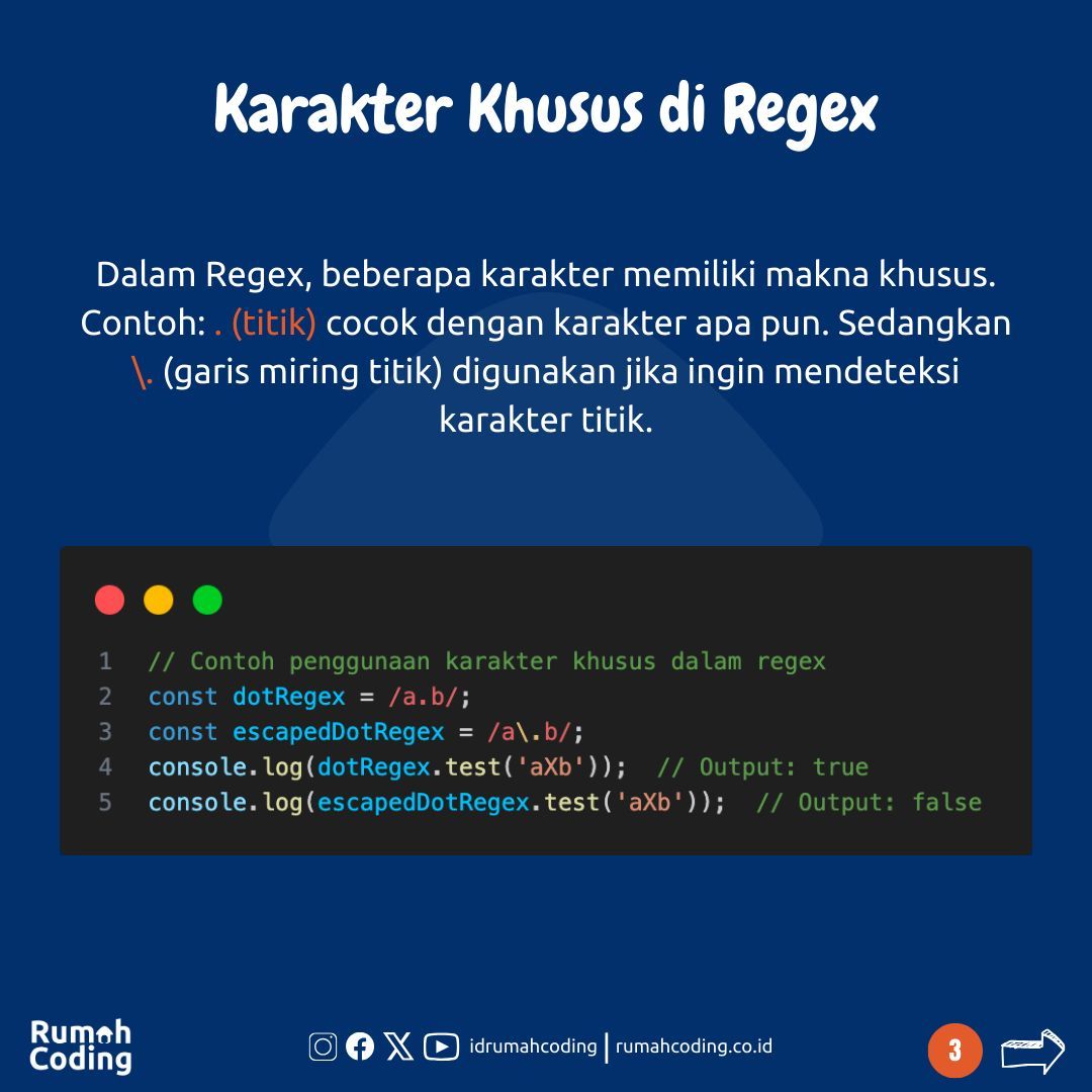 idrumahcoding's tweet image. Regex merupakan tool yang sangat powerful untuk mencocokan pola pada teks. Yuks pelajari regex mulai dari karakter khusus hingga kuantifier, kita membahas semuanya dalam 8 slide yang penuh petunjuk praktis. Swipe untuk memahami magisnya Regex! #Regex101 #CodingMagic