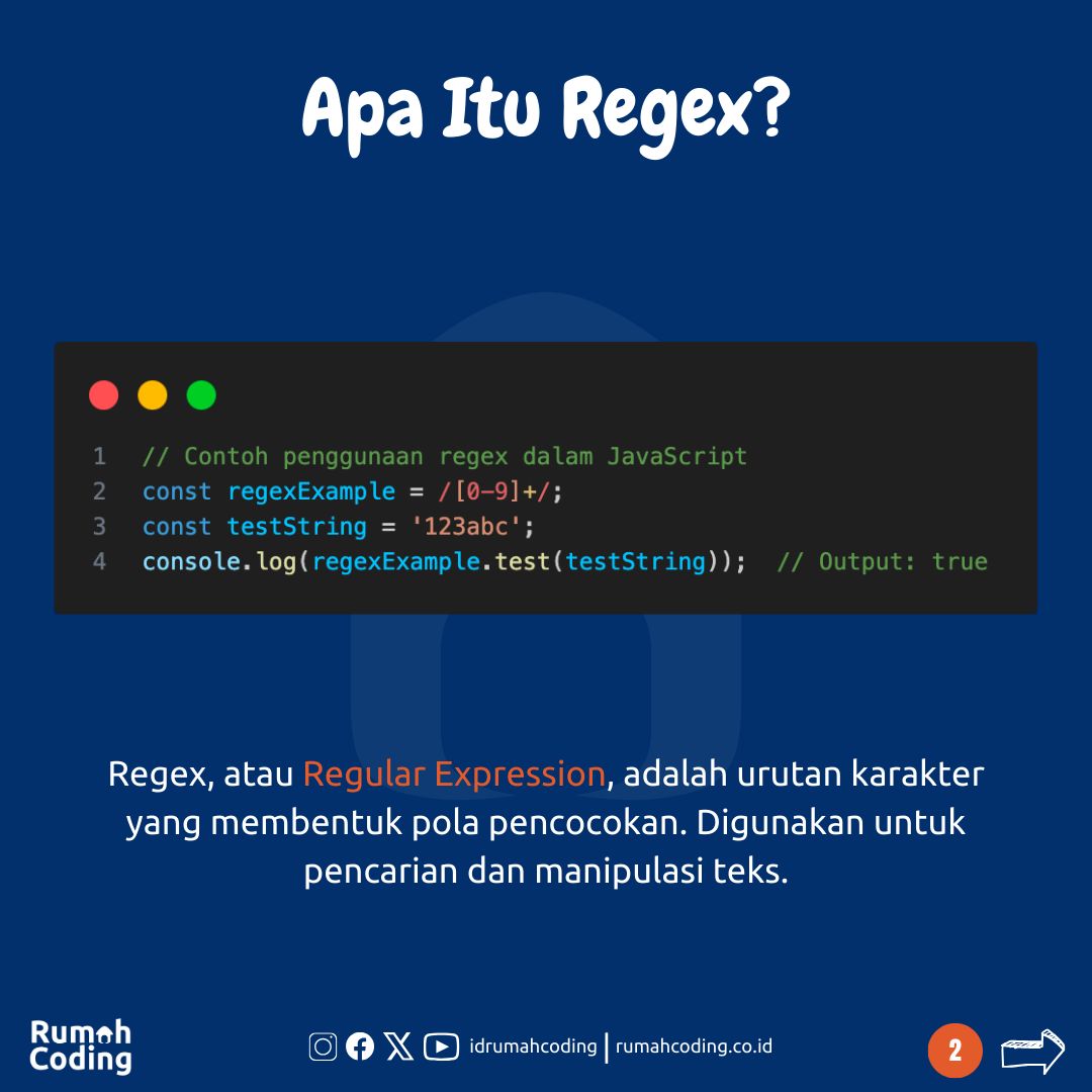 idrumahcoding's tweet image. Regex merupakan tool yang sangat powerful untuk mencocokan pola pada teks. Yuks pelajari regex mulai dari karakter khusus hingga kuantifier, kita membahas semuanya dalam 8 slide yang penuh petunjuk praktis. Swipe untuk memahami magisnya Regex! #Regex101 #CodingMagic