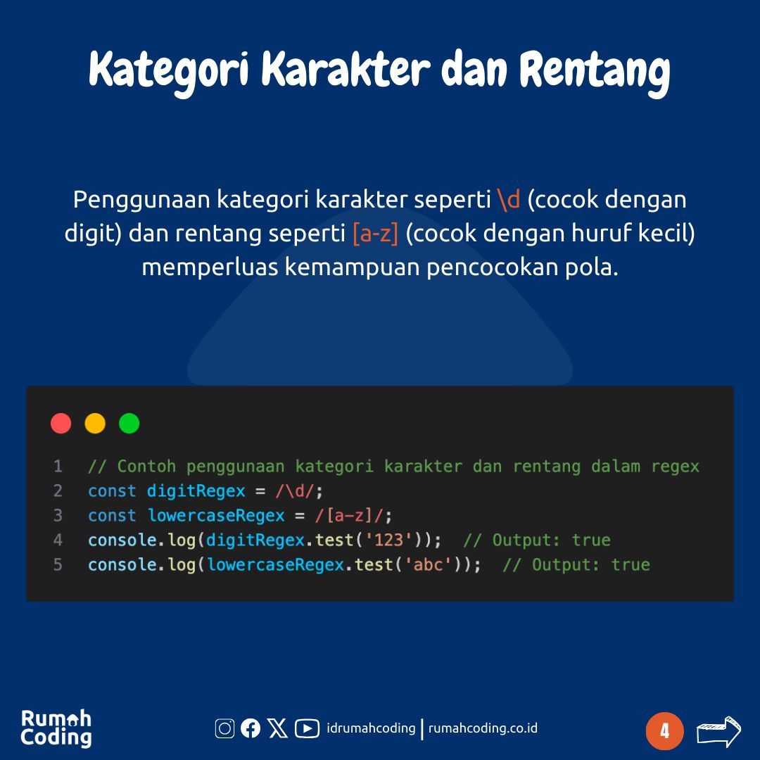 idrumahcoding's tweet image. Regex merupakan tool yang sangat powerful untuk mencocokan pola pada teks. Yuks pelajari regex mulai dari karakter khusus hingga kuantifier, kita membahas semuanya dalam 8 slide yang penuh petunjuk praktis. Swipe untuk memahami magisnya Regex! #Regex101 #CodingMagic