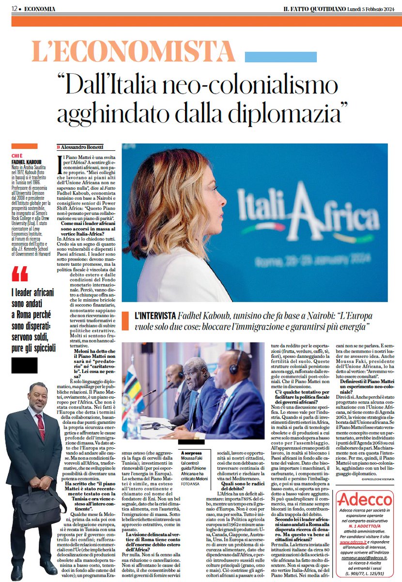 Grateful for the opportunity to speak directly to the Italian people about the #neocolonial plans that their government has for #Africa. This interview is published in a major daily newspaper called 'Il Fatto Quotidiano'. #ItalyAfricaSummit #MatteiPlan 

ilfattoquotidiano.it/in-edicola/art…