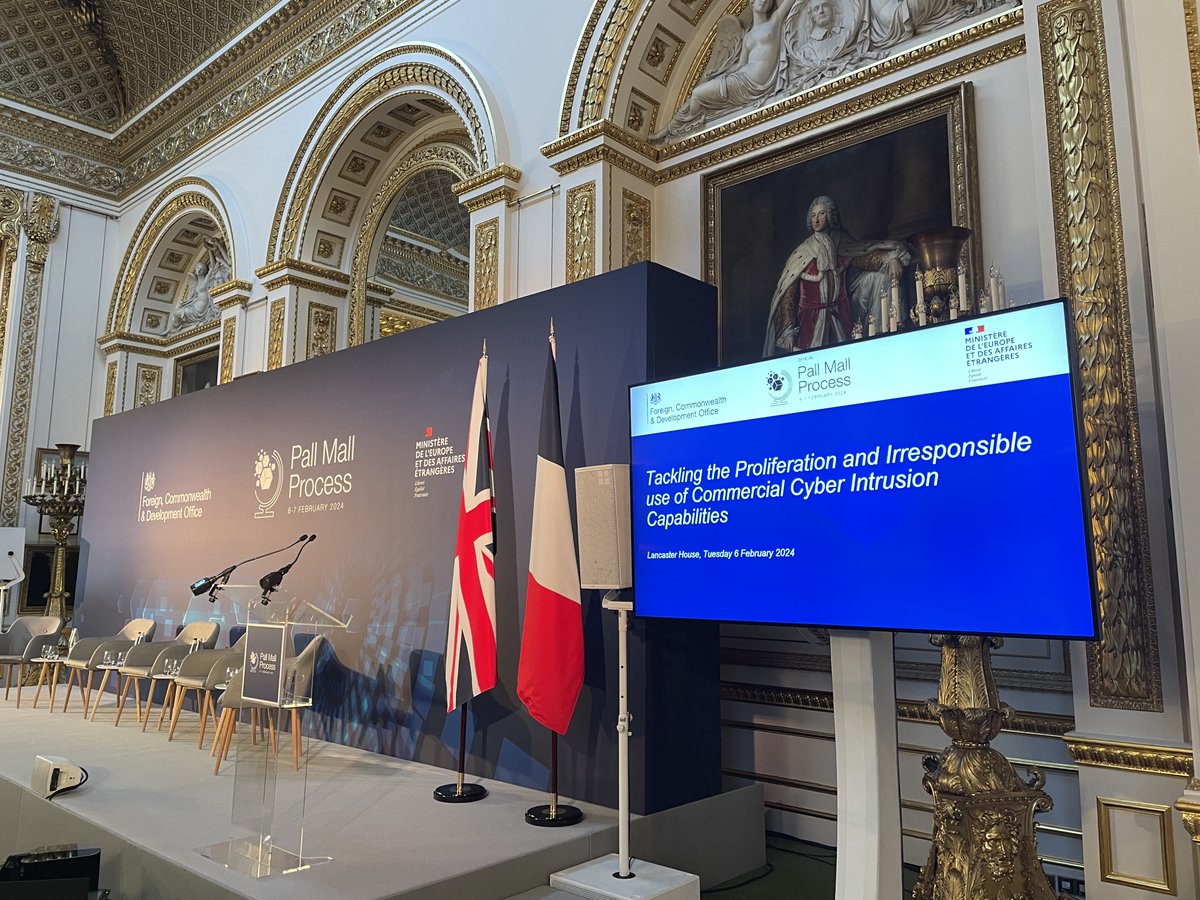 Excited to welcome leading representatives from Industry, Civil Society, and 30+ state 🌐 Lancaster House today for a joint 🇬🇧🇫🇷 conference on Tackling the Proliferation and Irresponsible Use of Commercial Cyber Intrusion Capabilities #PallMallProcess