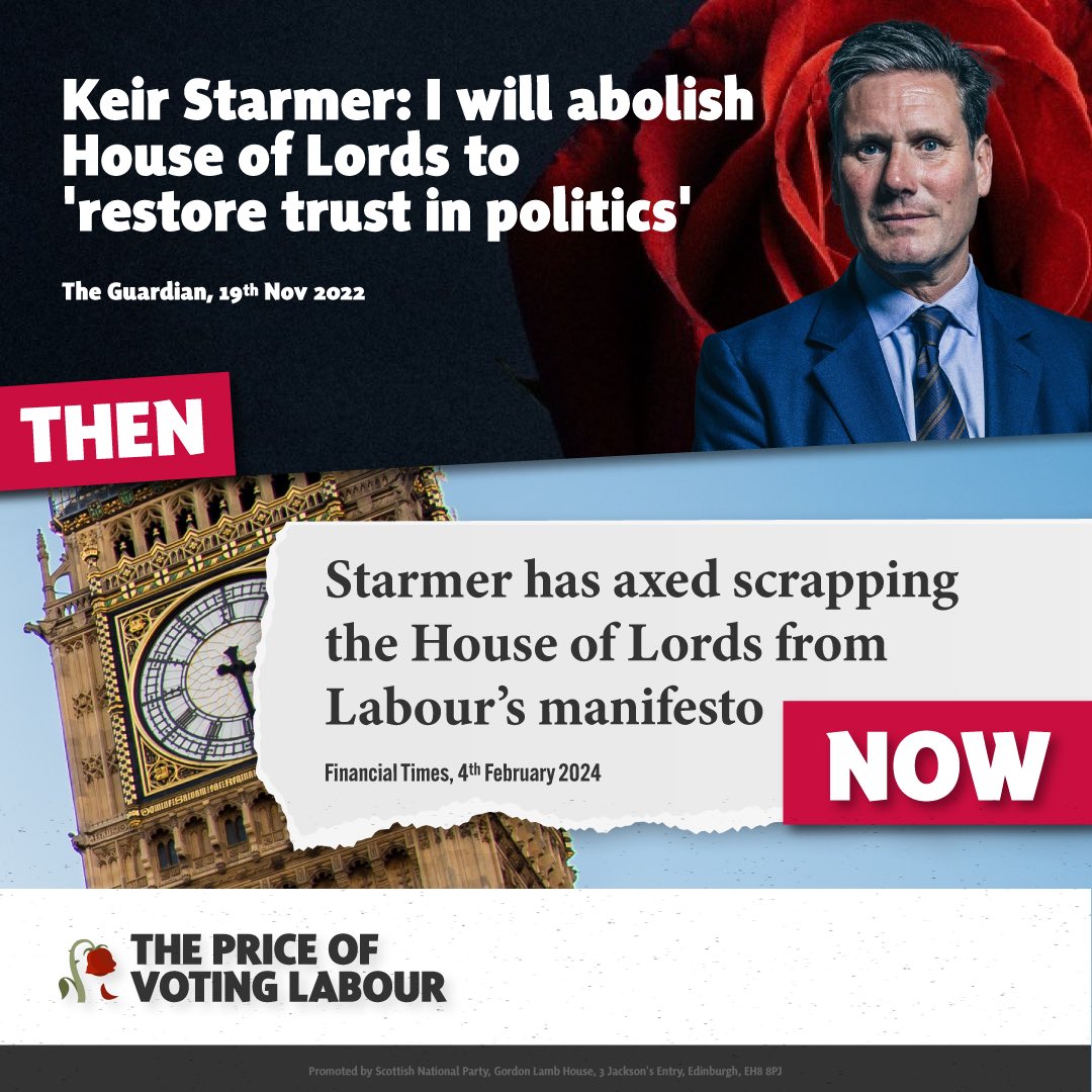 🥀 Labour has broken another promise - backtracking on abolishing the unelected House of Lords. 👎 Starmer can’t be trusted to deliver.