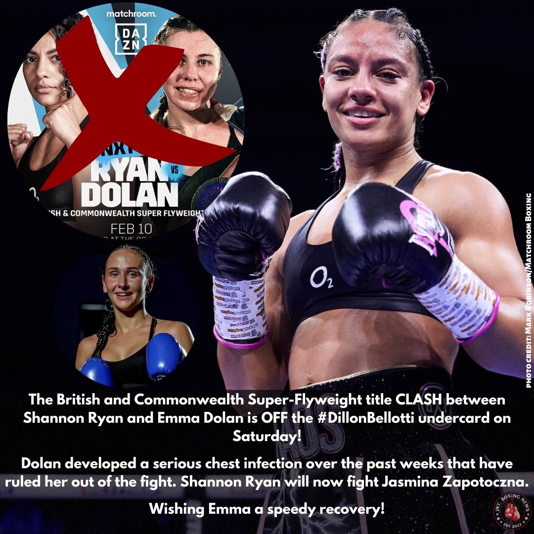 🥊 RYAN/DOLAN OFF FEB 10! 

The British & Commonwealth Super-Flyweight title CLASH between Shannon Ryan and Emma Dolan is OFF #DillonBellotti on Saturday‼️

Dolan developed a serious chest infection over the past weeks that have ruled her out of the fight… 

#RyanDolan