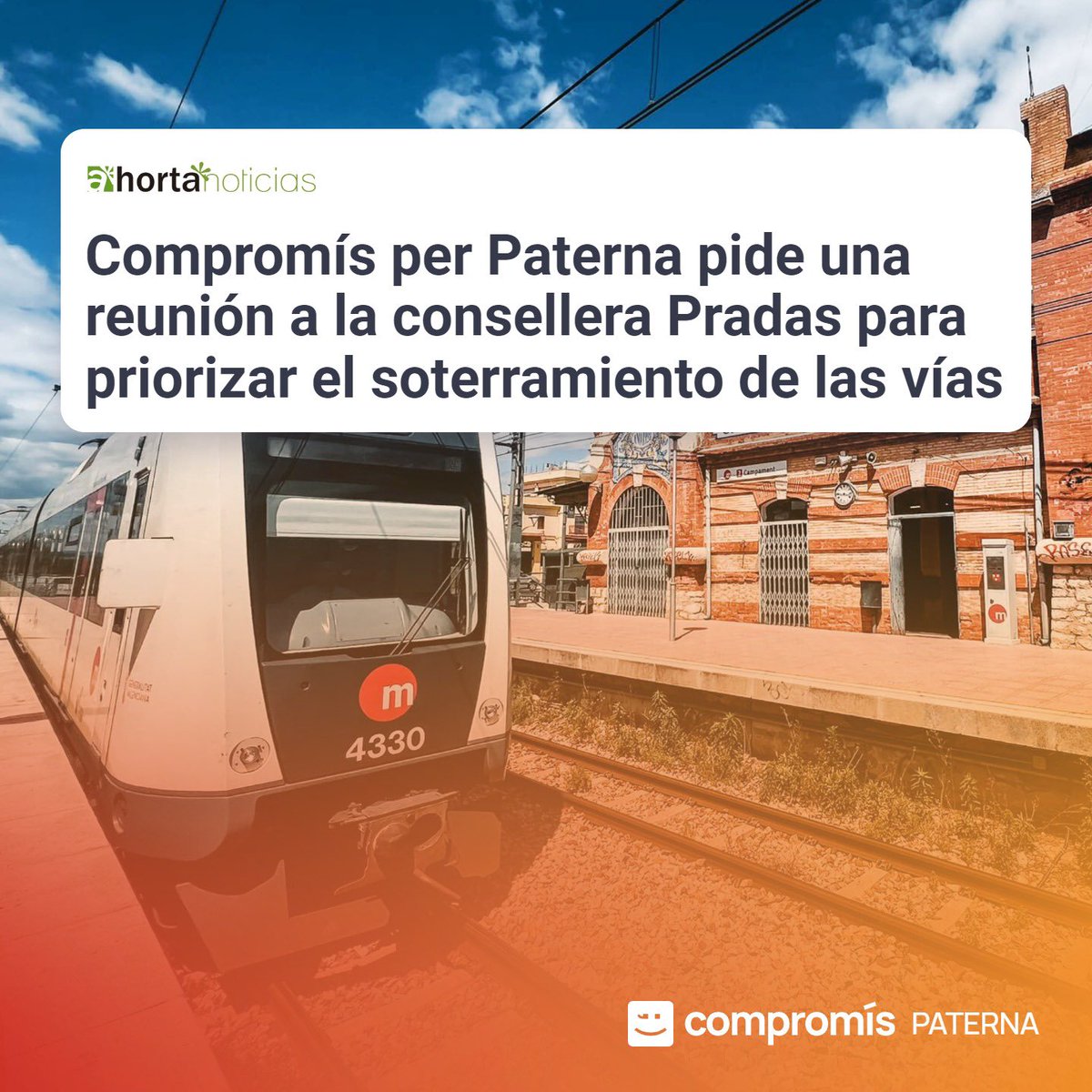 Bon dimarts #Paterna 🙋🏻‍♀️

🟠 Sol•licitem a la Consellera que prioritze el soterrament de les vies del metro al seu pas per #Paterna 🚈

📰 Llig la noticia 👇🏻
hortanoticias.com/compromis-per-…