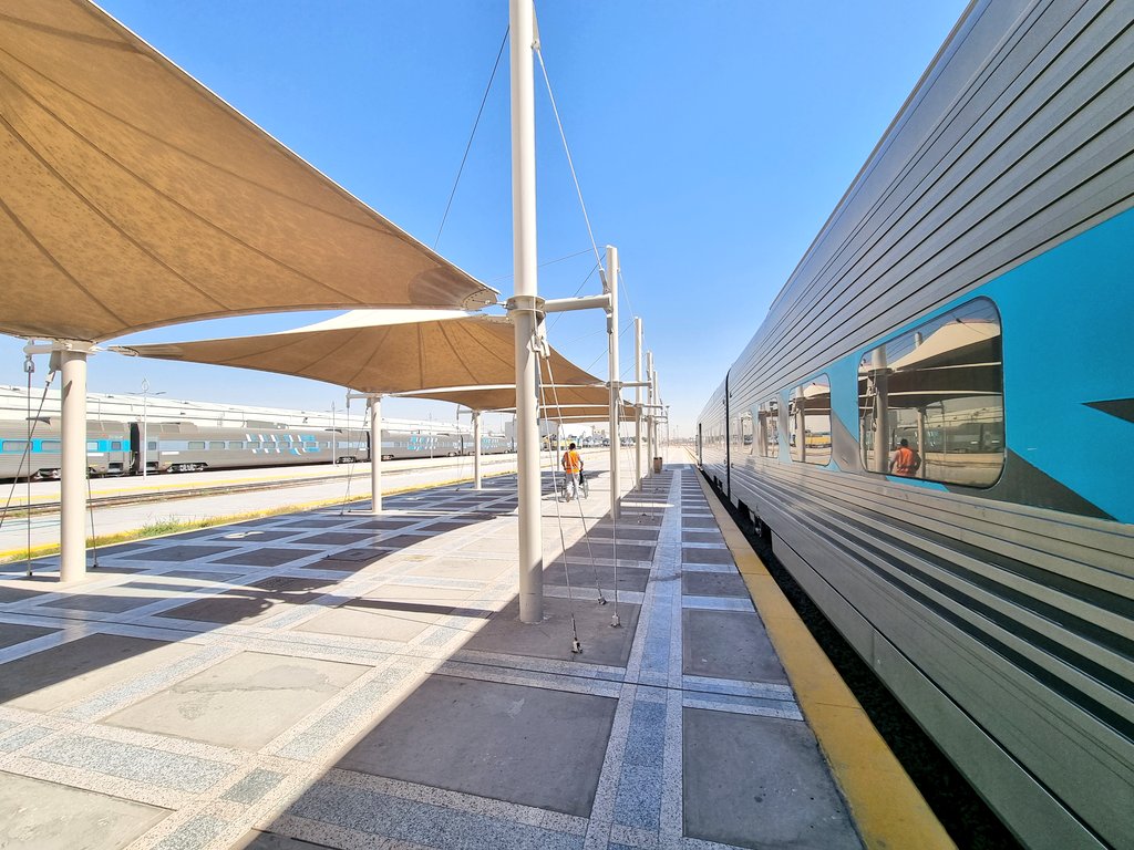 nonstopeurotrip's tweet photo. All aboard the 12:26 @SaudiRail service from #Riyadh to #Damman 🇸🇦 I'm in Business Class today for this 450km, 4 hour journey, travelling at upto 180km/h 🚅 It costs €75 including complimentary lunch, lounge access &amp; seat selection... Let's go! 😁 #SaudiArabia #NonstopEurotrip https://t.co/Dx7K1CMBPy