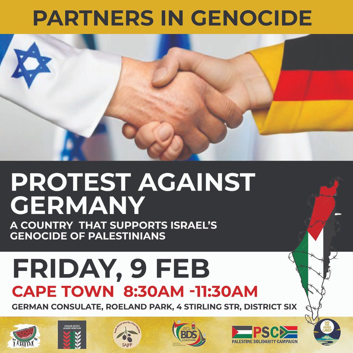 Cape Town & Joburg – All are invited to join one of these actions this coming Friday, 9th Feb protesting Germany's support and enabling of the genocide 😡 See you there! #Gaza #FreePalesitine #IsraeliNewNazism