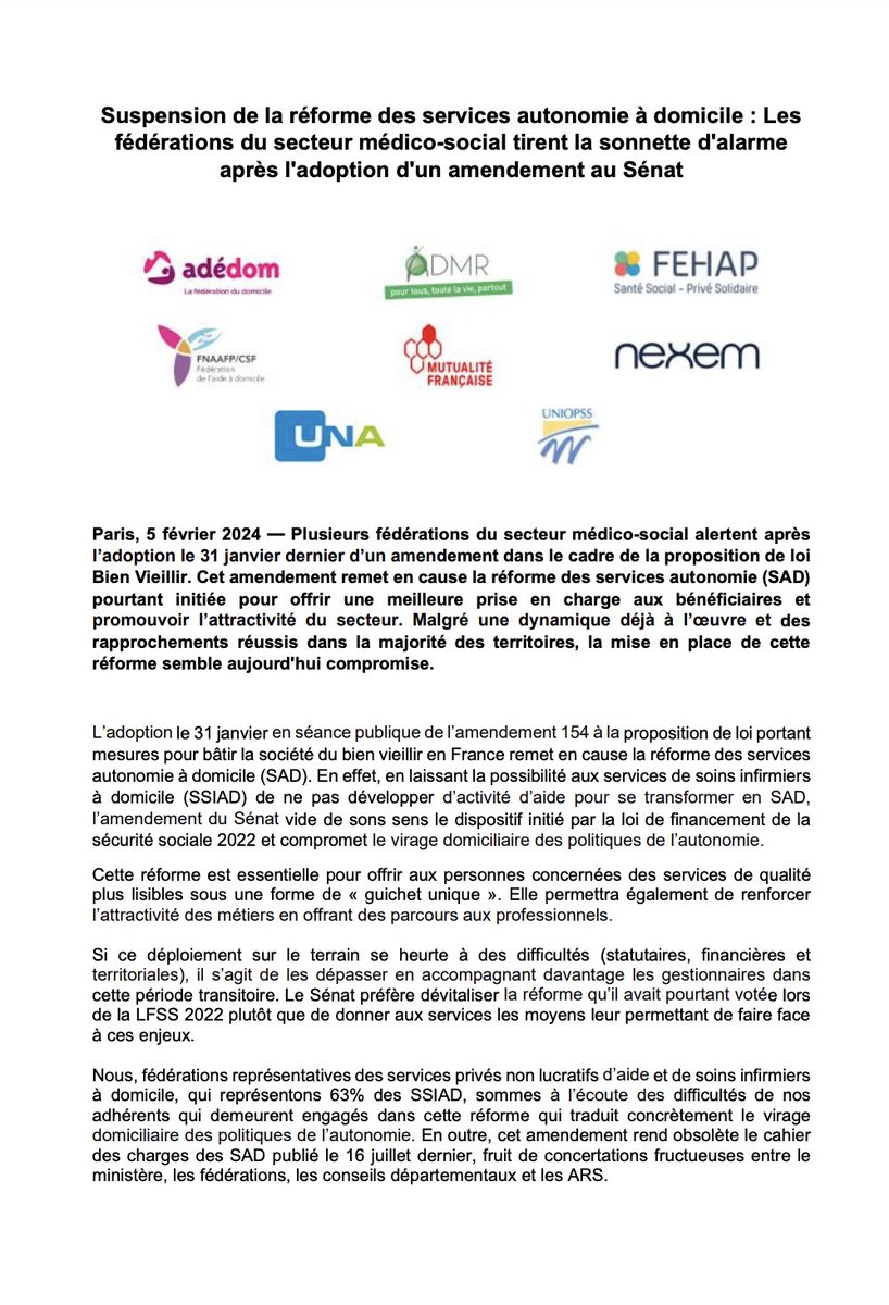 📢[Communiqué] Les fédérations médico-sociales s'alarment de la suspension de la réforme de l'autonomie à domicile après un amendement sénatorial.
👉bit.ly/cp_ppl-bien-vi…
<a href="/FedeAdedom/">Adédom</a>  <a href="/FEHAP_actu/">FEHAP</a>  <a href="/FNAAFP_CSF/">FNAAFP/CSF</a>  <a href="/mutualite_fr/">Mutualité Française</a>  <a href="/Nexem_actu/">Nexem</a>  @UNAdomicile    <a href="/Uniopss/">Uniopss</a>
