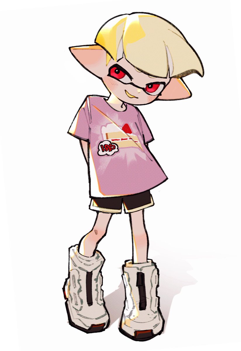 inkling ,inkling player character solo shirt shorts 1boy red eyes male focus blonde hair  illustration images