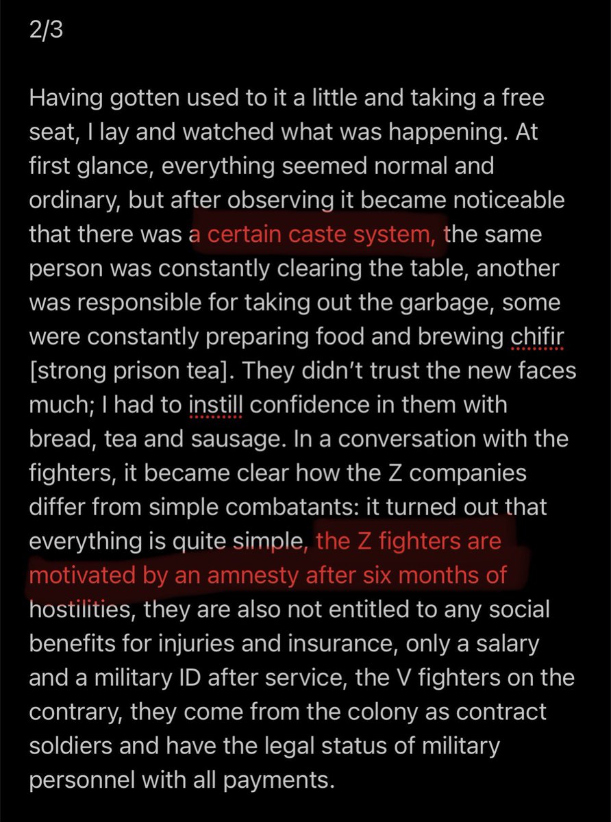wartranslated's tweet photo. Just for better understanding of who is fighting against Ukraine (and assisted by mike johnson), here’s a small account from one of the Russian convict companies: they follow a caste system identical to one in a Russian prison, they do not trust outsiders. As their main motivation is amnesty (for murder and other crimes), once their term approaches they go out of their way to escape and not die. Then they become “free men”. Tens of thousands of them have already been freed by putin.

Is this the moral position the republicans want to take?