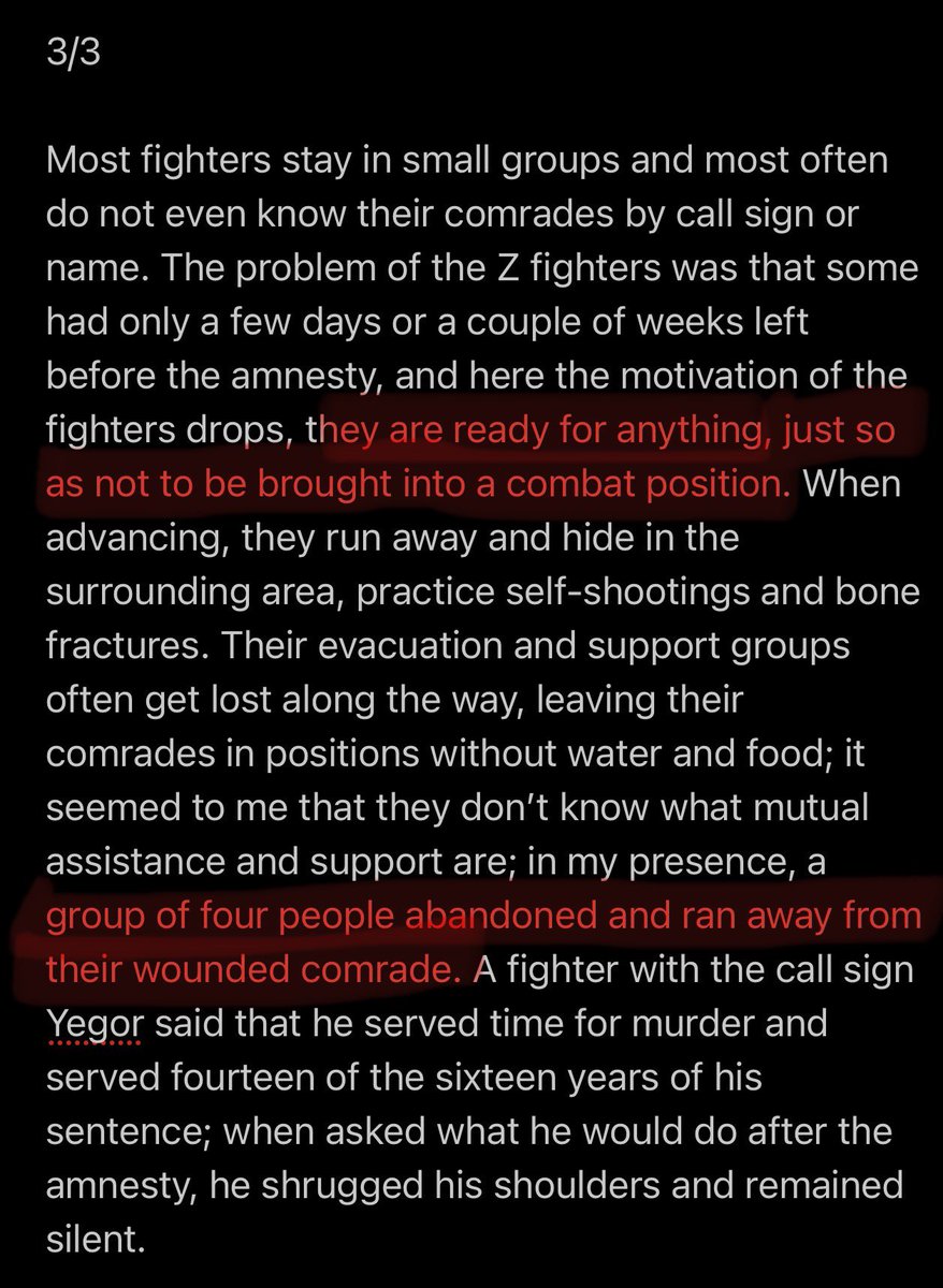 wartranslated's tweet photo. Just for better understanding of who is fighting against Ukraine (and assisted by mike johnson), here’s a small account from one of the Russian convict companies: they follow a caste system identical to one in a Russian prison, they do not trust outsiders. As their main motivation is amnesty (for murder and other crimes), once their term approaches they go out of their way to escape and not die. Then they become “free men”. Tens of thousands of them have already been freed by putin.

Is this the moral position the republicans want to take?
