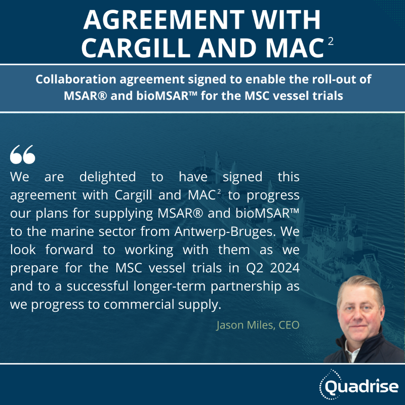 QuadrisePlc's tweet photo. #QED is pleased to announce that it has signed a collaboration agreement with @Cargill &amp; MAC² for the production of our MSAR® &amp; bioMSAR™ fuels ahead of our marine vessel trials with @MSCCargo
We look forward to playing our part in the #decarbonisation of the #shipping industry