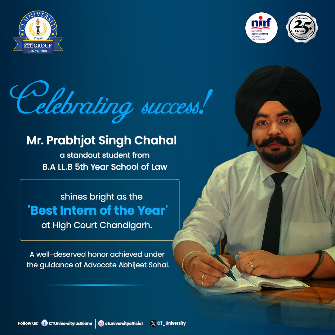 CT_University's tweet photo. #StudentCorner

Celebrating #success!

Prabhjot Singh Chahal, a standout student from B.A LL.B 5th Year , School of Law, shines bright as the 'Best Intern of the Year' at #High_Court Chandigarh. A well-deserved honor achieved under the guidance of Advocate Abhijeet Sohal.#CTU https://t.co/hjaf0vqDZM