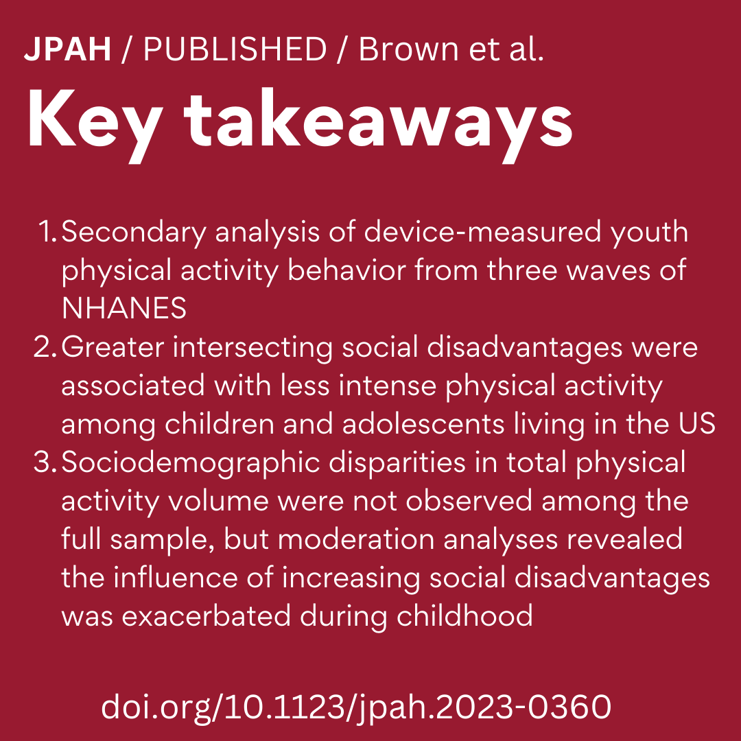 Since #activity behavior tends to track from childhood into adulthood, understanding how different combinations of social (dis)advantages influence PA has the potential to inform targeted approaches for those at greatest risk for poor health outcomes doi.org/10.1123/jpah.2…
