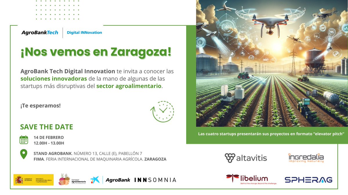 AgroBank_CABK's tweet photo. ¡Prepárate para romper esquemas en 📍Zaragoza!  

Desde #AgroBankTech #DigitalINNovation, queremos que te sumes a la jornada revolucionaria con las #startups más disruptivas del ecosistema #AgroTech.  

¡Nos vemos el próximo día 14 de febrero en @fima_agricola! https://t.co/aLL7G1rCaP