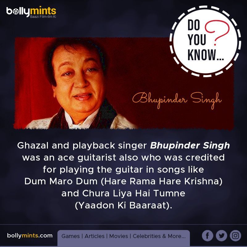 BollyMints's tweet image. Musician &amp;amp; Ghazal Singer #BhupinderSingh Ji #BirthAnniversary
#DYK #DumMaroDum #ChuraLiyaHaiTumne #HareRamaHareKrishna #YaadonKiBaaraat