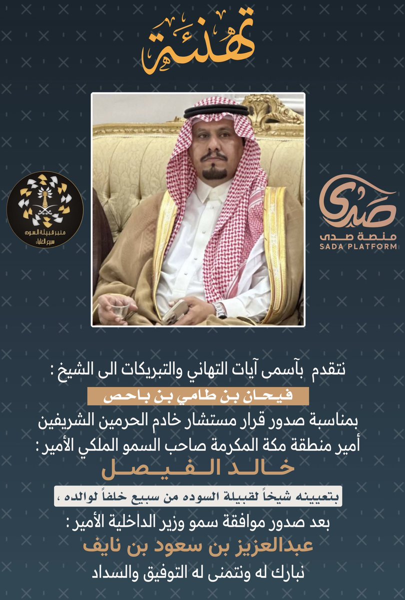 sada5o's tweet photo. يتقدم فريق #منصة_صدى #الإعلامية بآسمى آيات التهاني والتبريكات الى #الشيخ :
فيحان بن طامي #بن_باحص
@amir579111 
بمناسبة صدور قرار مستشار خادم الحرمين الشريفين
 #أمير_��نطقة_مكة_المكرمة صاحب السمو الملكي الأمير : #خالد_الفيصل 
بعد صدور موافقة سمو #وزير_الداخلية #الأمير :
عبدالعزيز بن سعود بن نايف #ال_سعود 

نبارك له ونتمنى له التوفيق والسداد  ..
@alsoadh10 
@rt_ssb  
@subae3 
@Ranyah_net 
@w_8nr