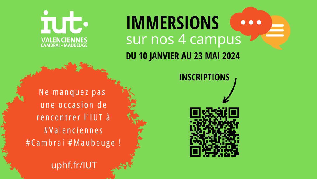 🔴Découvrez l'#IUT pendant 1 journée, ou 1/2 journée selon les formations, avec nos #étudiants & enseignants de #Valenciennes #Cambrai #Maubeuge 📅 10-01 > 23-05-24 ✅Lycéens terminale & 1ère ▶ immersion.uphf.fr @Valenciennes_ @VilleMaubeuge @UphfOfficiel #Cambrai