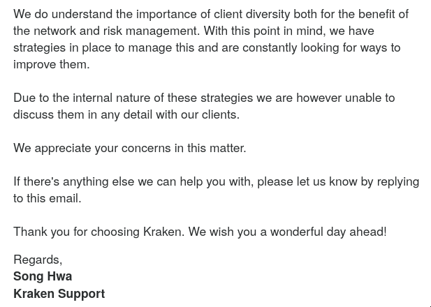 Response from Kraken regarding their stance on Ethereum execution client diversity and the associated risks: