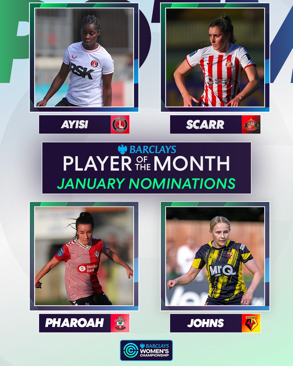 Introducing your #BarclaysWC Player of the Month nominees for January! 🤩

🌟 <a href="/FredaAyisi/">Freda Ayisi</a> 
🌟 <a href="/emilyscarr11/">Emily Scarr</a> 
🌟 <a href="/Sophiapharoah_/">Sophia Pharoah</a> 
🌟 <a href="/carlyajohns/">Carly Johns</a> 

Vote now: the-fa.com/U4lkfI
