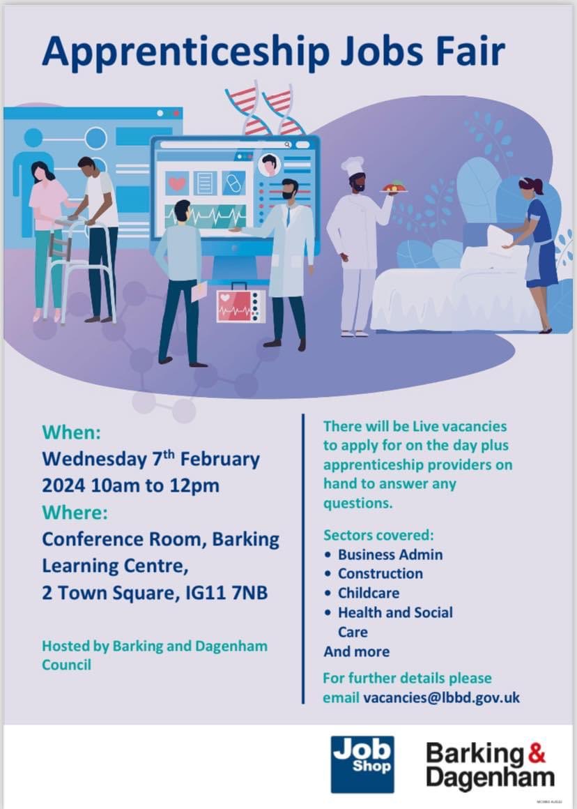 🤩 Apprenticeship Job Fair 🤩 Wednesday 7th February 10am-12pm Barking Learning Centre All details below ⬇️