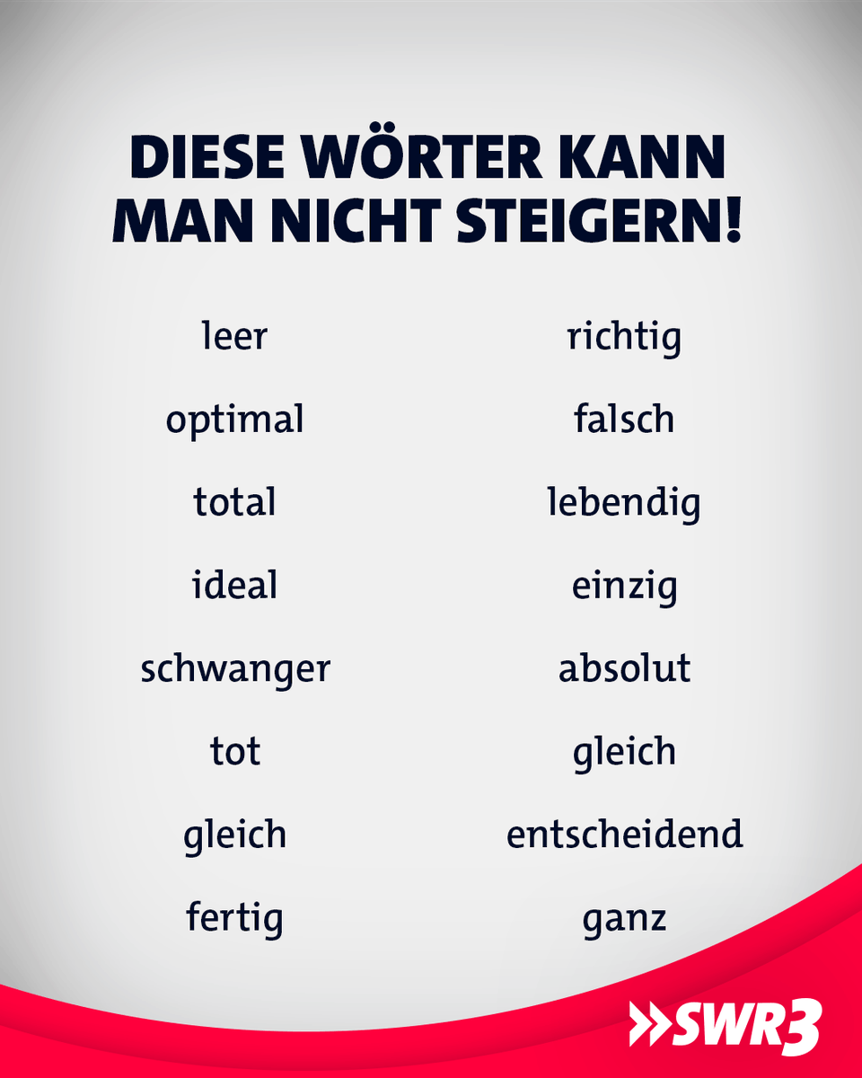 swr3's tweet photo. Richtigster, schwangersten oder ganzer?! Nein! 😆 Es gibt in der deutschen #Sprache einige #Wörter, die grundsätzlich nicht steigerbar sind – man nennt solche Wörter auch #semantisch. Eine kleine Übersicht haben wir für euch auf dem Bild. Welche Wörter fallen euch noch ein? https://t.co/vsCT4g8K31