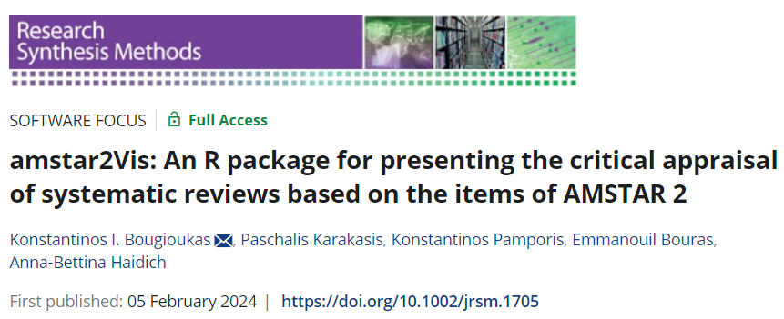 Bugiukas's tweet image. New paper has just been published! amstar2Vis is our new R package for AMSTAR 2 assessment presentation➡️
onlinelibrary.wiley.com/doi/full/10.10…
#RPackages #rstats #RProgramming #dataviz #RiskofBias #MetaAnalysis #EvidenceSynthesis #SystematicReviews #healthcare @EvidenceRobot @srtoolbox