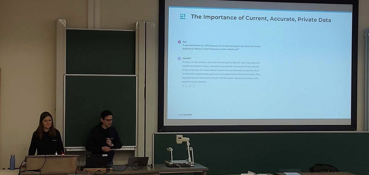 This week our Developer Advocate, <a href="/SelakovicMarija/">Marija Selakovic</a>, and VP of Product, Dr. Christian Kurze, were at #FOSDEM2024 to share insights on using private data in Generative AI with CrateDB and LangChain 👨🏻‍💻👩🏼‍💻

It was great to meet so many professionals and learn from their experiences!