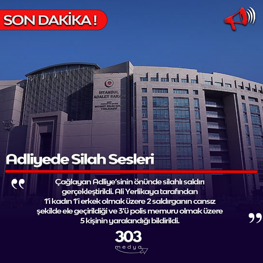 Çağlayan Adliyesi'nin önünde silahlı saldırı gerçekleştirildi. Ali Yerlikaya tarafından 1'i kadın 1'i erkek olmak üzere 2 saldırganın cansız şekilde ele geçirildiği ve 3'ü polis memuru olmak üzere 5 kişinin yaralandığı bildirildi.#çağlayanadliyesi #saldırı #sondakika #haber
