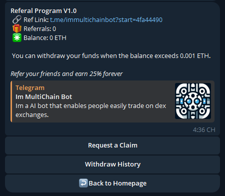 Multitradingbot's tweet photo. Want some more? Refer multiBot to your friends and earn 25% forever 🤩
🔥 Empower users to expand network and earn rewards with Referral feature. By issuing a referral link, #multiBot directs withdrawal requests to the first wallet
Try it now 👉https://t.co/KT56NOJmud
#zkSync https://t.co/kqSDak1Ayk