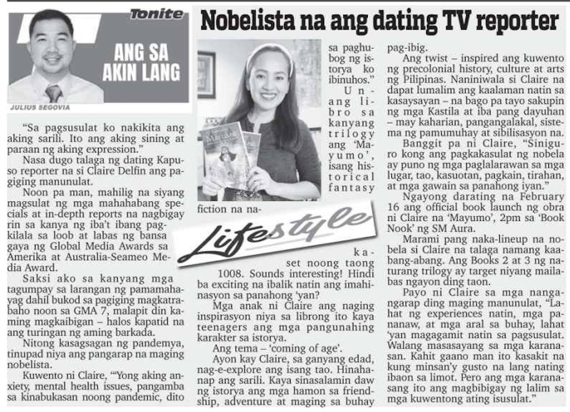 ClaireDMedia's tweet photo. Mayumo Author Claire Delfin featured in Julius Segovia’s column on Abante Tonite.

Thank you Julius for sharing the word about ‘Mayumo’ and Claire Delfin. True enough, ‘Mayumo’ can let its readers enter a world filled with memorable adventures! 🦋 https://t.co/y1WaxWUY2B