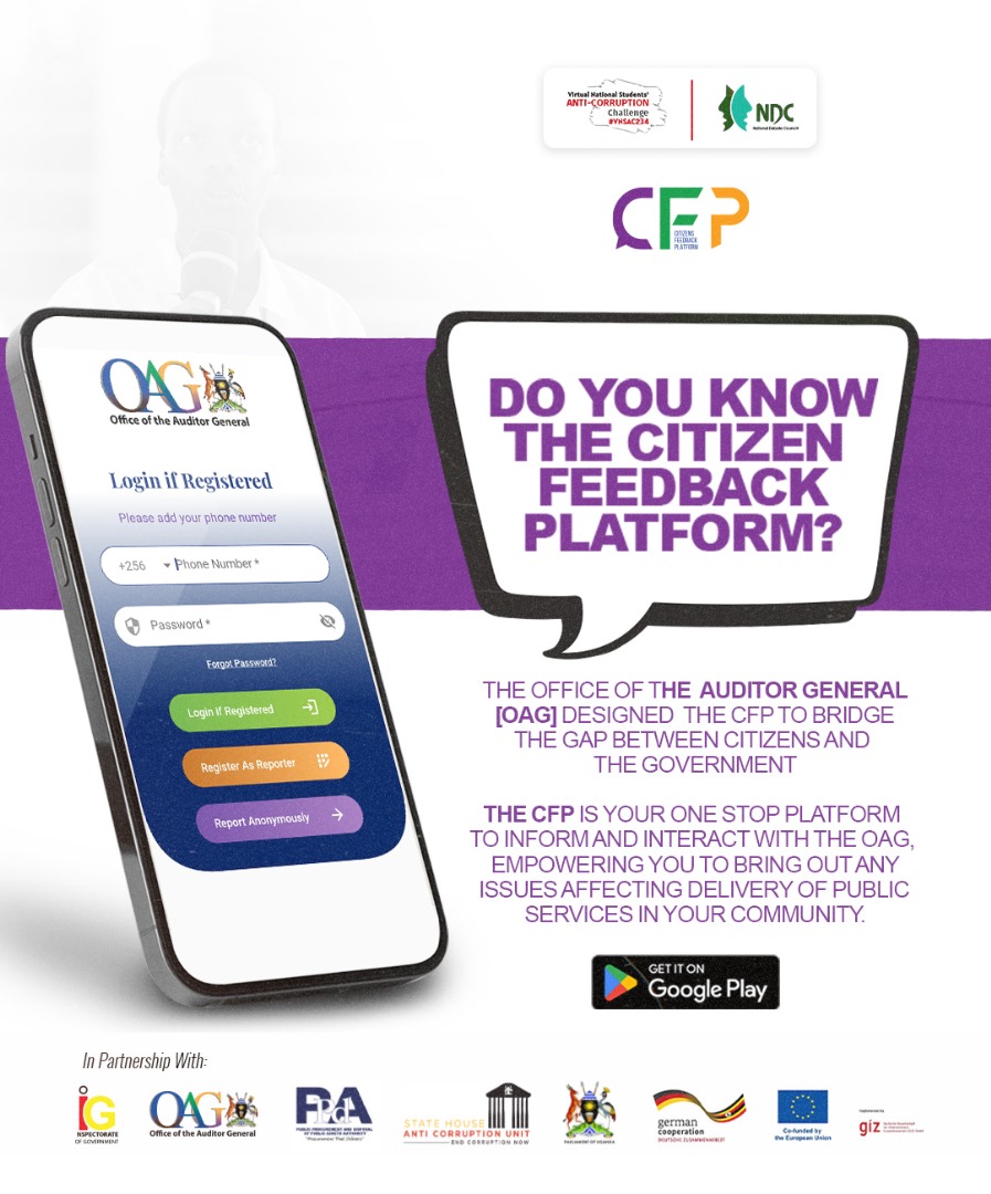 NDCUganda's tweet photo. Have you heard about the Citizen Feedback Platform?
Launched by @OAG_Uganda in Jan 2023, to empower Ugandans to report concerns about public service delivery on inefficiency, corruption, service quality etc.
Download the app on Google Play.
#VNSAC234 | #ExposeTheCorrupt
@EUinUG https://t.co/rpTabkyXhI