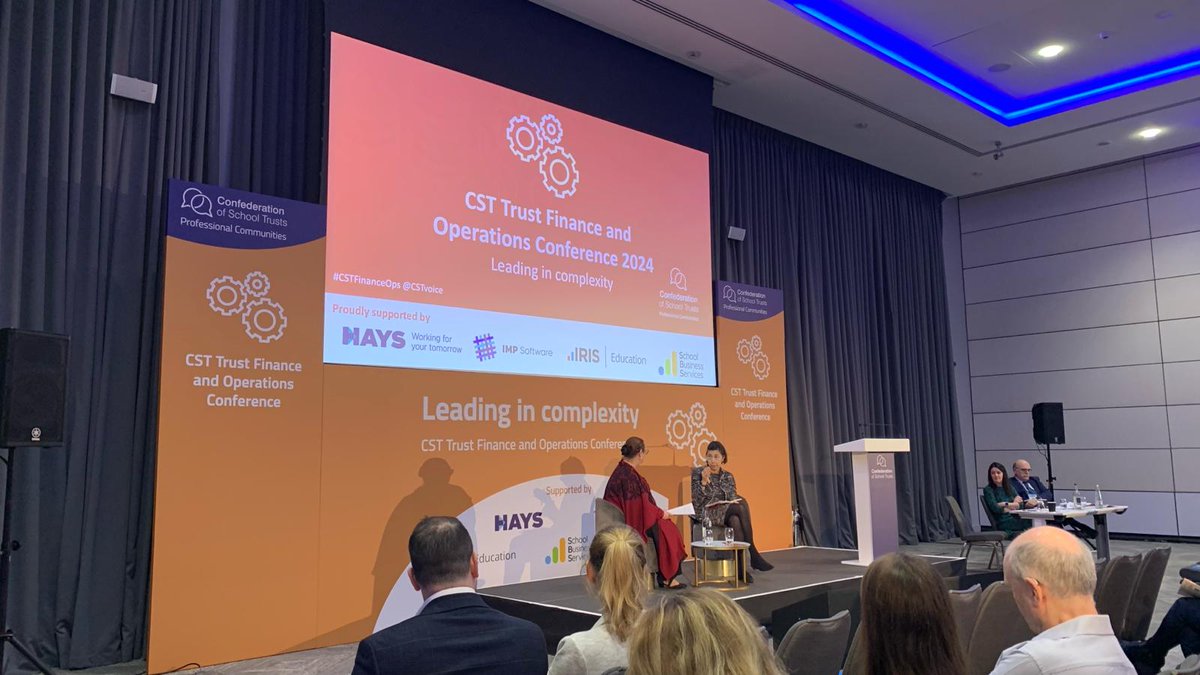 CSTvoice's tweet photo. Our conference has begun, starting with a conversation on leadership between our Chief Executive @LeoraCruddas and education minister @dianabarran #CSTFinanceOps https://t.co/OTt0cmnYDM