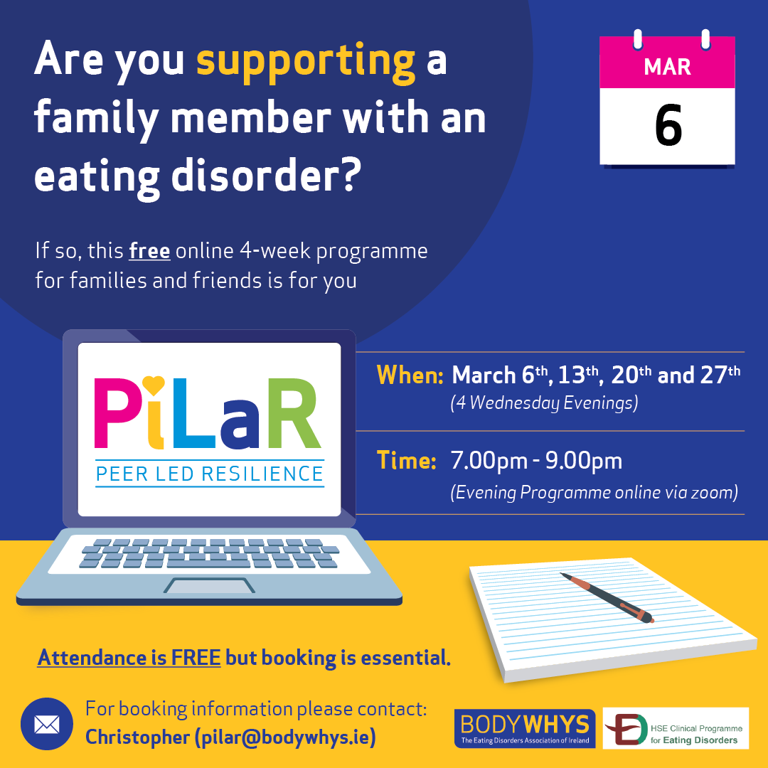 📣Our upcoming PiLaR programme for family members and friends will take place on Wednesday evenings (7pm - 9pm) from March 6th - March 27th 🧾For bookings: Please fill out the form here: bodywhys.ie/supporting-som… or contact: pilar@bodywhys.ie @NCP_ED @CAREDSCork @caredireland