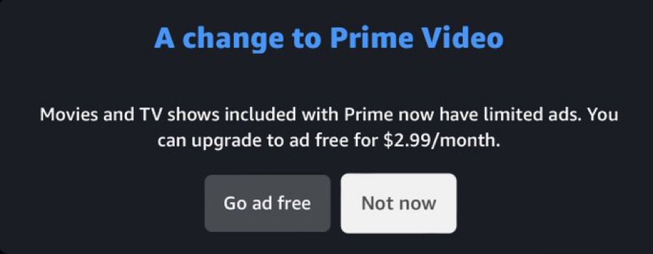 ElleSim92's tweet photo. @PrimeVideoCA @PrimeVideo adds ads to a service I pay for &amp; now wants me to pay more lol no thanks, there’s plenty of FREE streaming sites with ads. #AmazonPrimeVideo https://t.co/cfQ6dOmYGQ