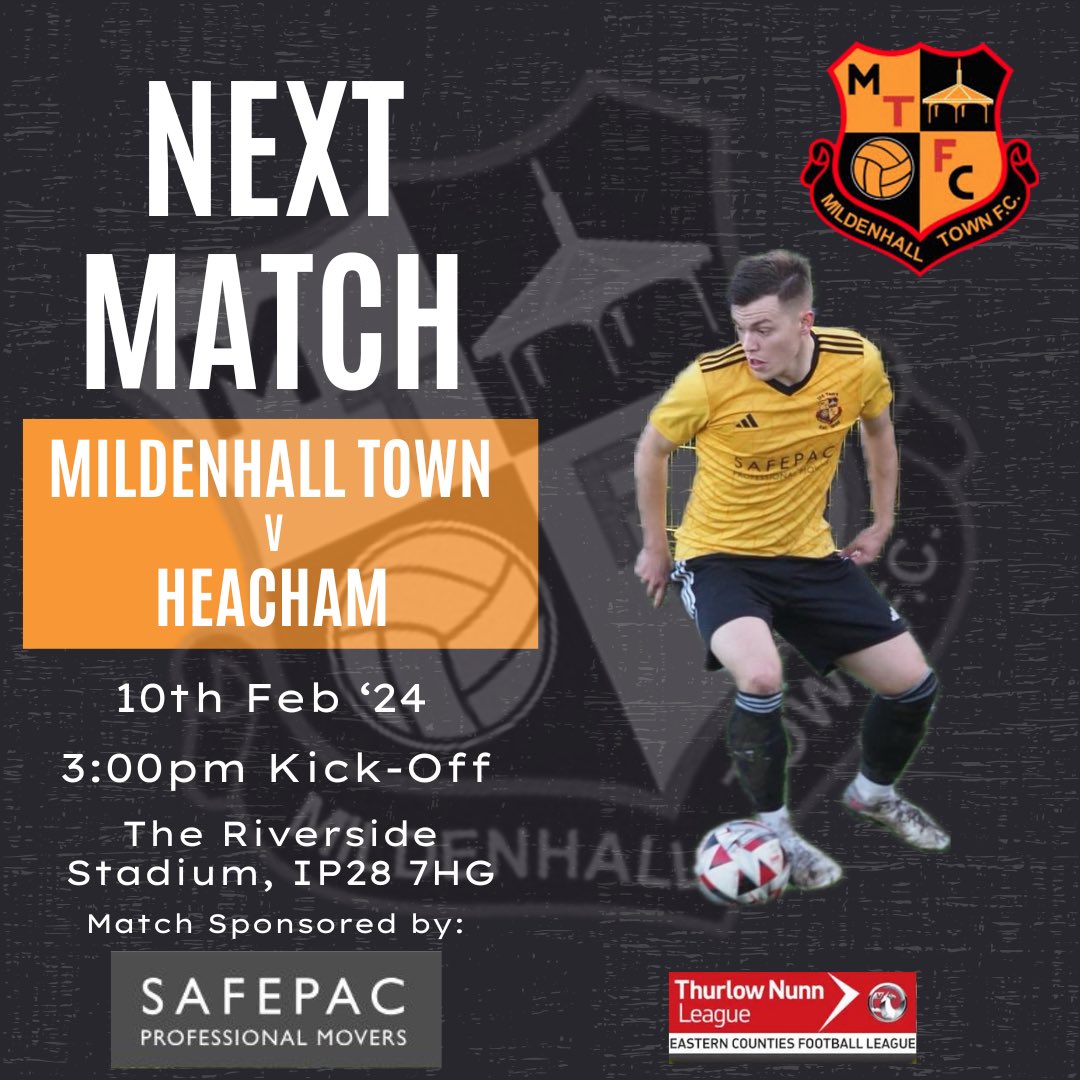 The 1st team are at home this weekend as we welcome <a href="/HeachamFC/">Heacham F.C</a> to The Riverside Stadium for a 3pm kick-off

Our match sponsor is Safepac

Upwell Sports u8’s are our mascots

Bar and food shack open.

Get along and get involved and support your local club

#upthehall