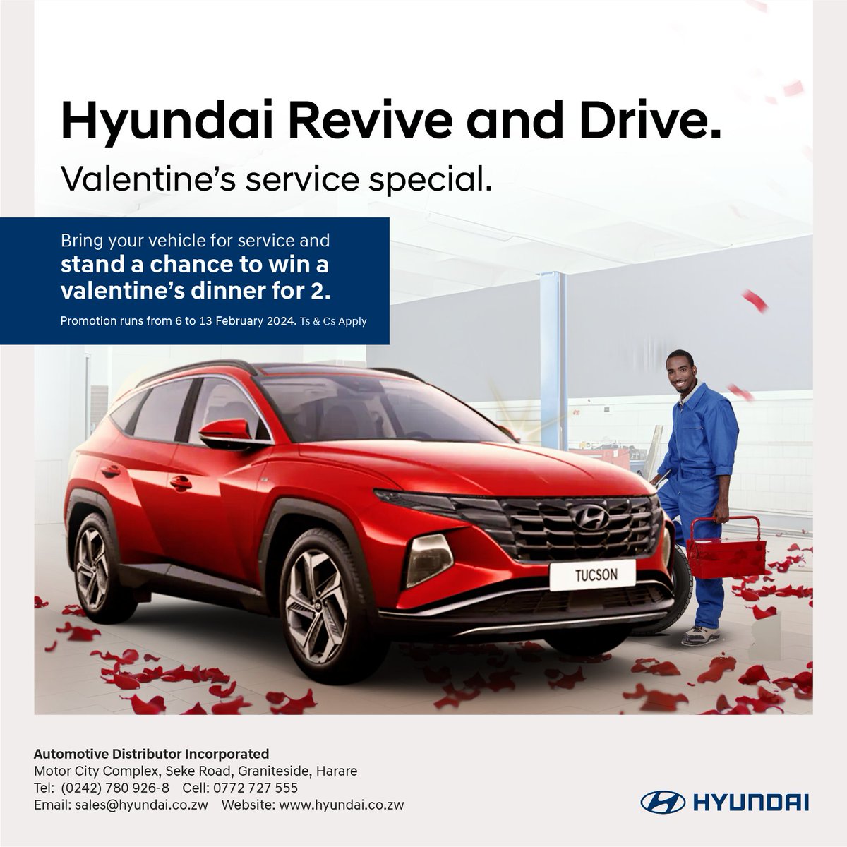 Bring your vehicle for service and stand a chance to win a Valentine's Dinner for 2. Contact our Service Advisors below and make a booking; Lioba - 0774 771 487 Innocent - 0786 577 602 Blessing - 0774 771 029 #valentinesdinner #HyundaiZimbabwe