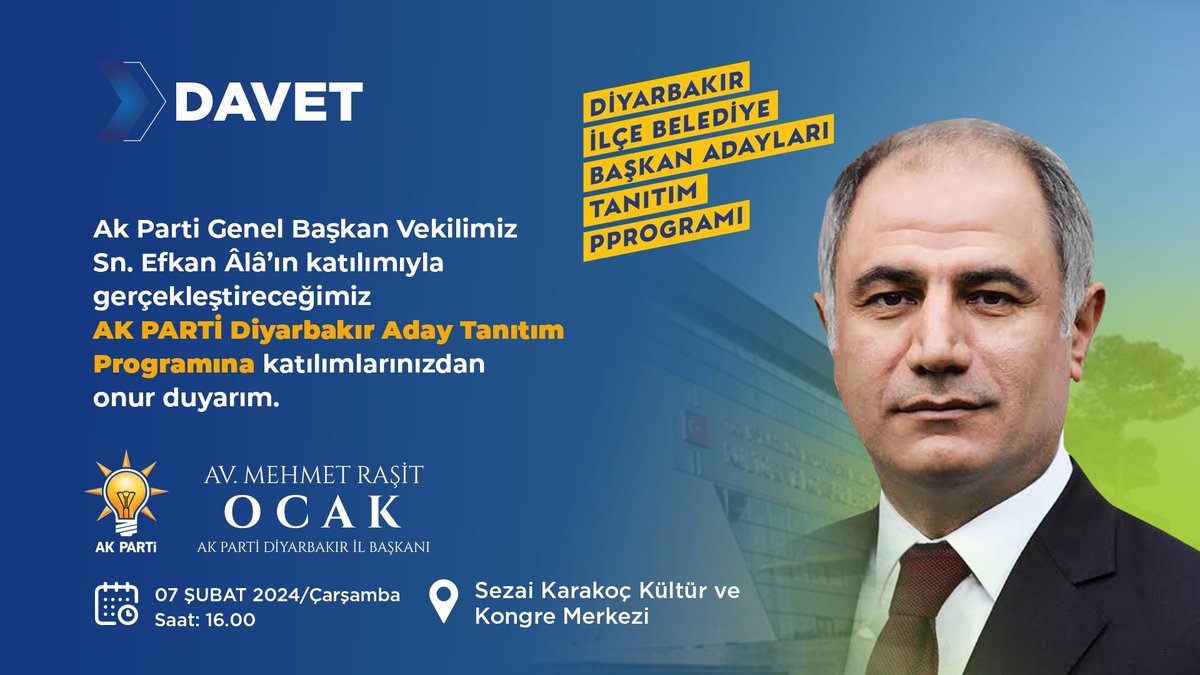 AK Parti Genel Başkan Vekilimiz Sayın Efkan Âlâ'nın katılımlarıyla gerçekleştireceğimiz, AK Parti Diyarbakır Aday Tanıtım Programına katılımlarınızdan onur duyacağız.
 
🗓️ 07 Şubat 2024 (Çarşamba)

🕐 16:00

📍Sezai Karakoç Kültür ve Kongre Merkezi