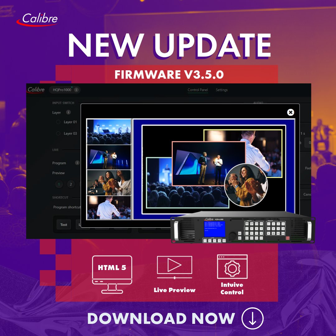 Exciting update! 🌟
 
The Calibre HQPro1000's new firmware V3.5.0 is released with a sleek HTML5 Web GUI. Enjoy intuitive controls for your events!
 
Download now >>
calibreuk.com/en-emea/our-pr…

#AVtweep #ProAV #calibreuk #scalerswitcher #liveevent