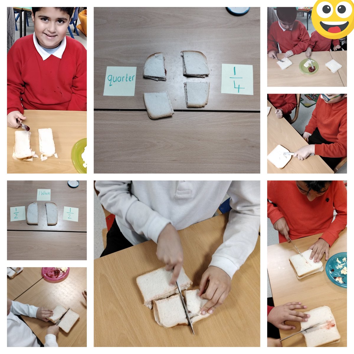 MarlboroughPrim's tweet photo. #shootingstars We are learning about 1/2 and 1/4 in our Maths lesson today. We made jam sandwiches and then cut the sandwich into two equal parts to show half. We then cut the sandwich into four equal parts to show a quarter. π₯ͺπͺ #fractions #maths #equalparts #sandwichmaking https://t.co/0HSLojvhA7