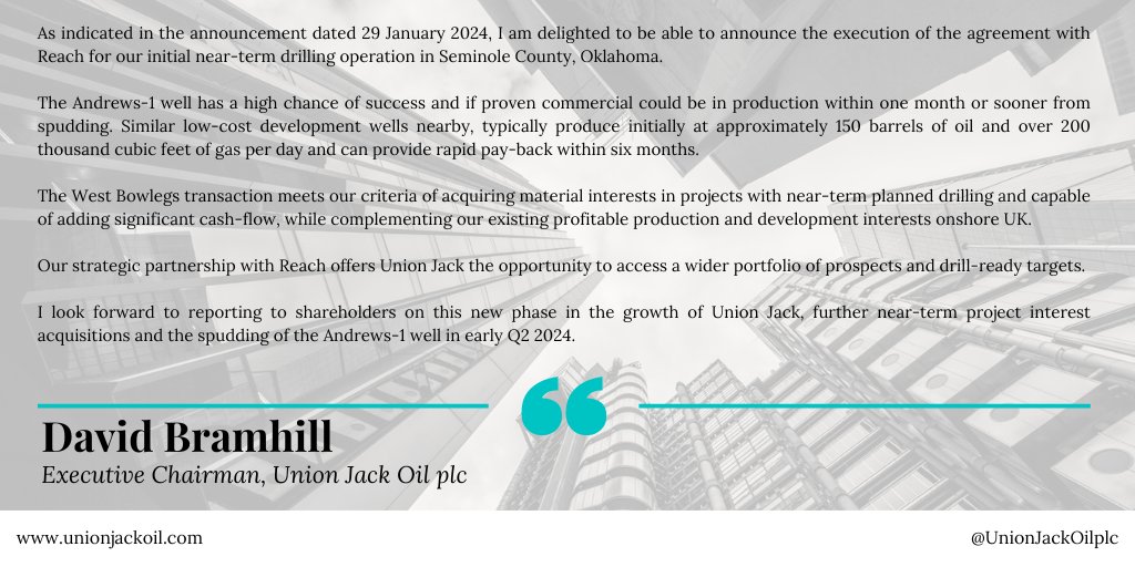 BlytheRayPR's tweet photo. (1/3) 🛢 Further to @UnionJackOilplc strategic expansion in the #USA, #UJO has signed a farm-in agreement with Reach Oil &amp; Gas to acquire 45% working interest in the Andrews-1 well, part of the West Bowlegs Project ➡ https://t.co/hoL1jUWuIW https://t.co/oCU17vvqey